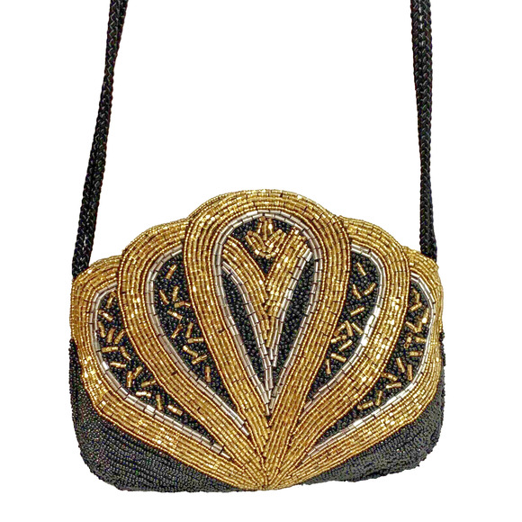 Vintage Beaded Evening Bag Shoulderbag Dressy Purse Black & Gold Retro Disco - Picture 7 of 7